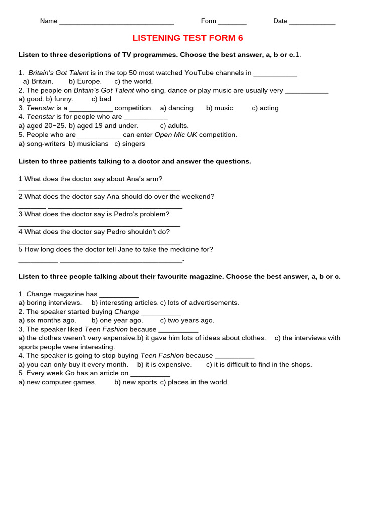 Listening and Reading Test Form 6 | PDF | Chester