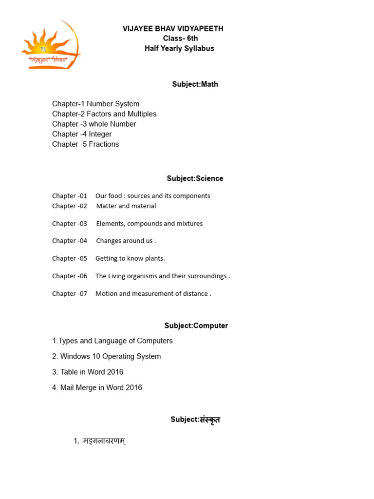 Class 6 Half Yearly Syllabus Overview | PDF