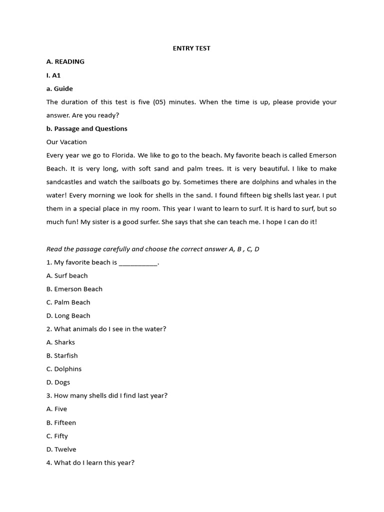 Entry Test: Reading Comprehension Exercises | PDF | Taste | Traffic
