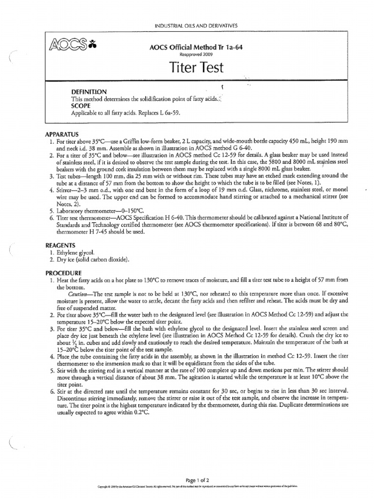 Titer (Cloud Point For Oleic Acids) Method AOCS TR 1a-64 (Fatty Acids ...