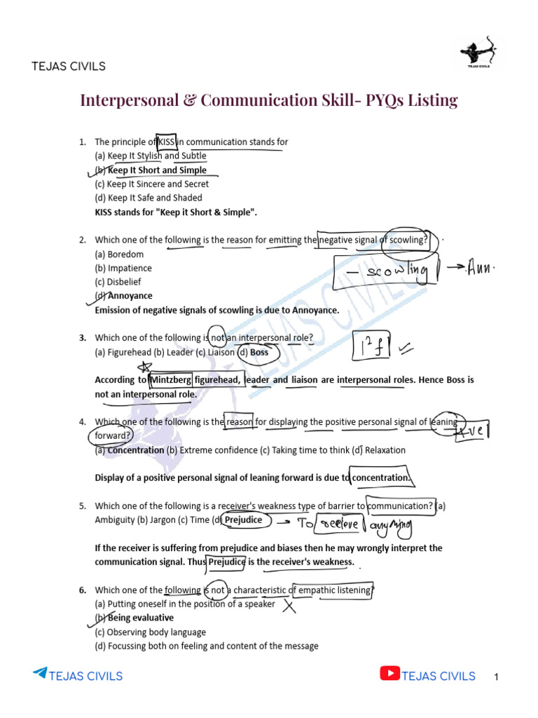 Interpersonal Communication Skills PYQs | PDF | Communication ...