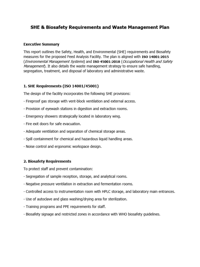 SHE & Biosafety Requirements and Waste Management Plan | PDF | Waste ...