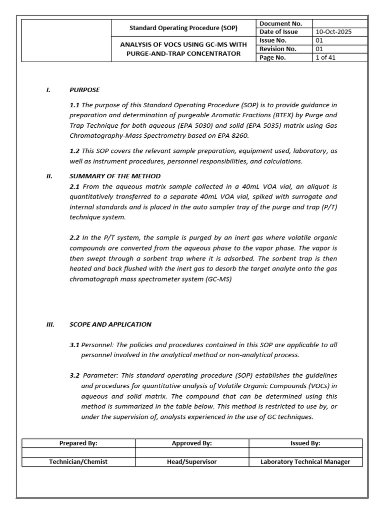 VOC Analysis SOP: Purge-and-Trap GC-MS | PDF | Gas Chromatography | Gas ...