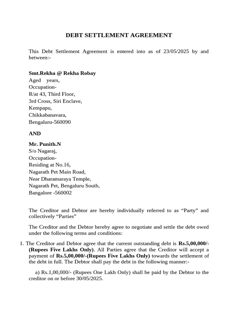 Debt Settlement Agreement | PDF | Debtor | Debt