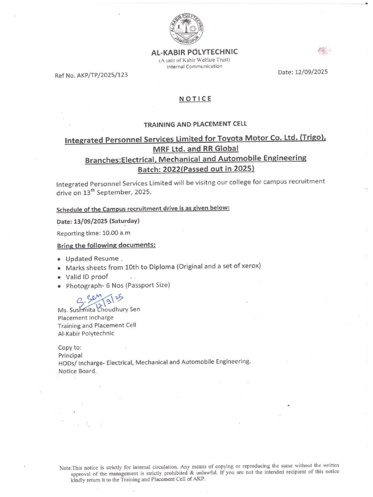 Notice No. 123 - Campus Recruitment Drive by Integrated Personnel ...