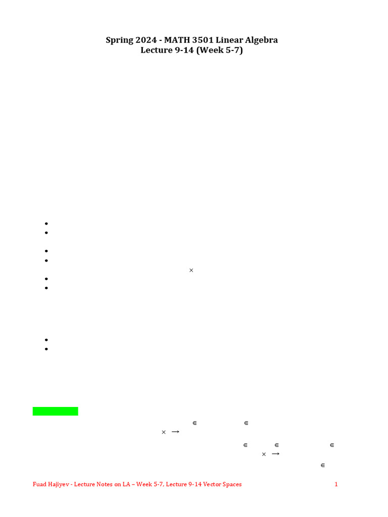 Fall 2025 Lecture Notes On LA - Lectures 9-14. Vector Spaces | PDF ...