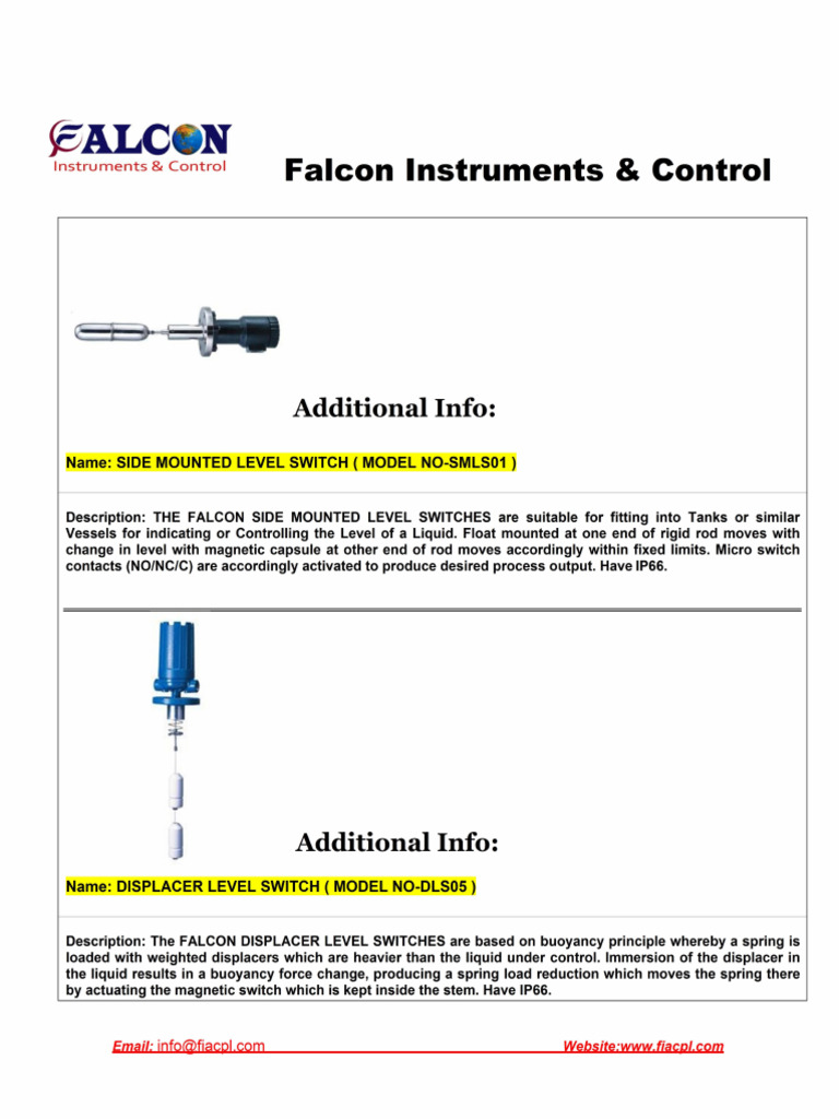 Falcon Level Switches Overview | PDF | Pressure | Gases