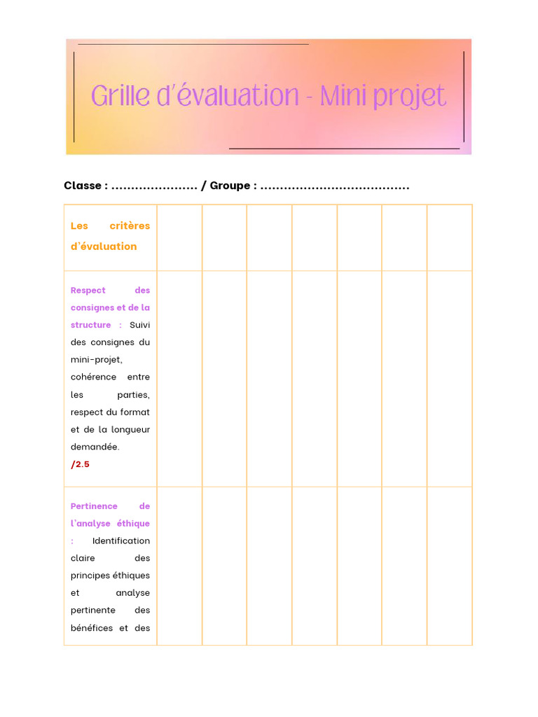 Critères d'évaluation d'un mini-projet | PDF