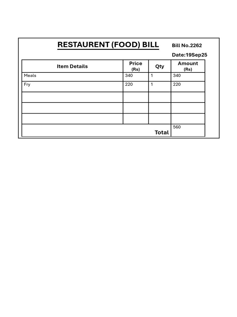 Restaurant Bill Summary - Rs 560 Total | PDF