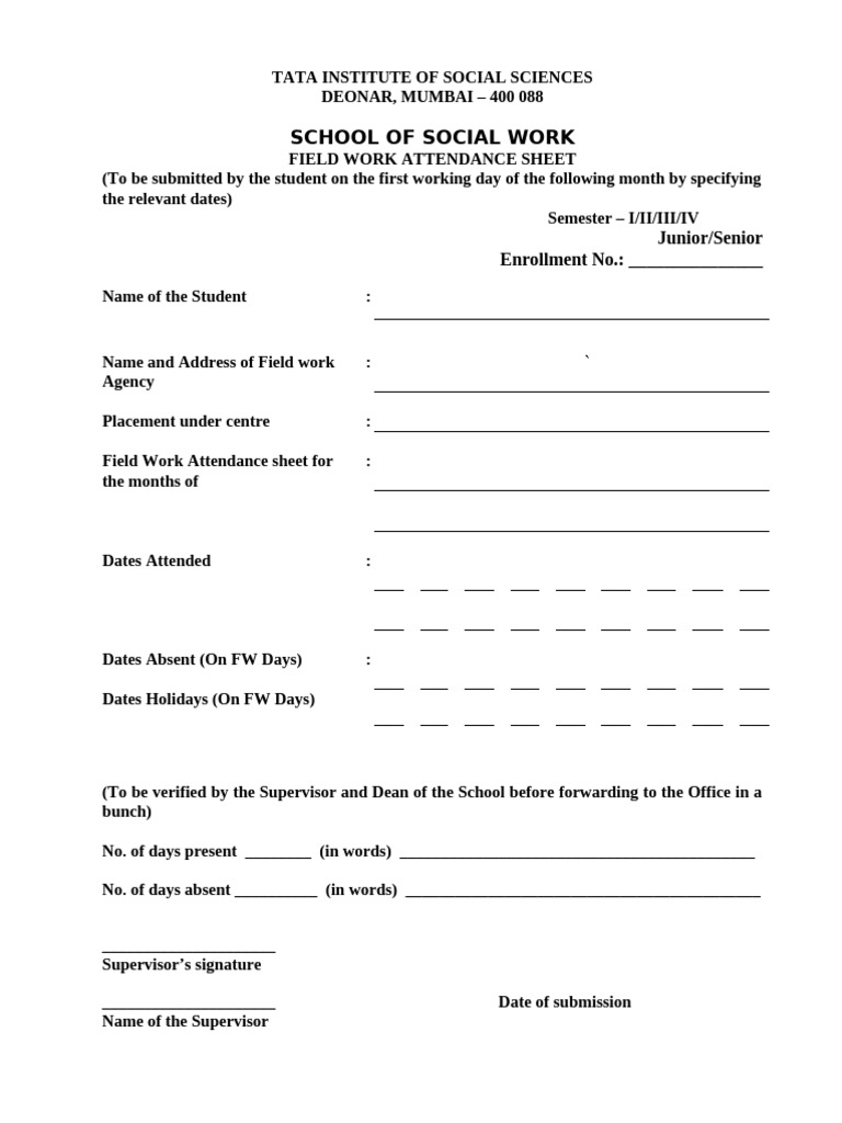 Fieldwork Attendance Form | PDF
