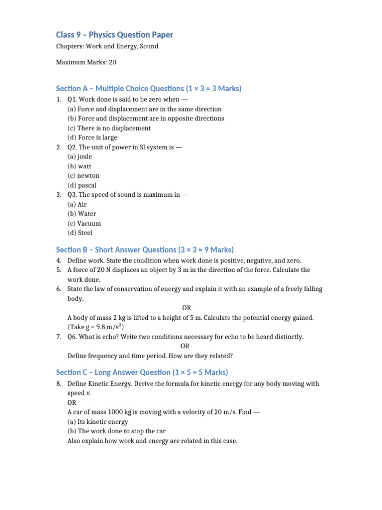 Class 9 Physics Question Paper: Work & Sound | PDF