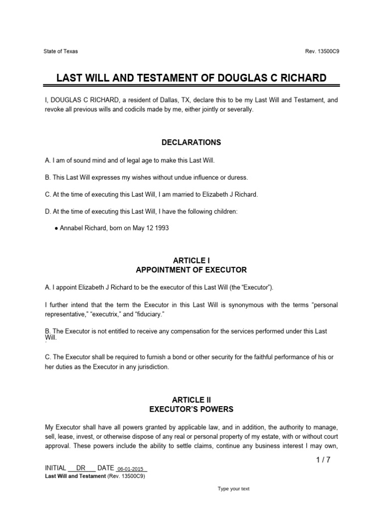 Douglas C. Richard Last Will Texas | PDF | Will And Testament ...