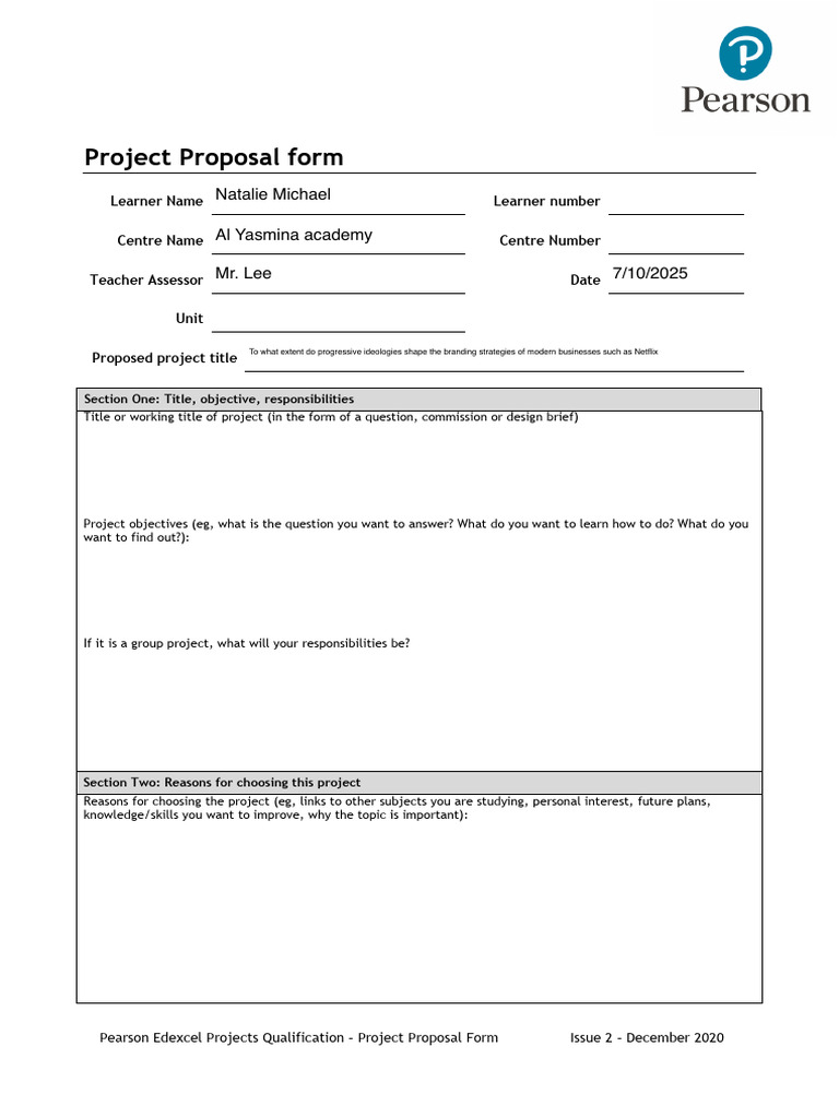 Project Proposal Form for Edexcel Qualification | PDF | Learning ...