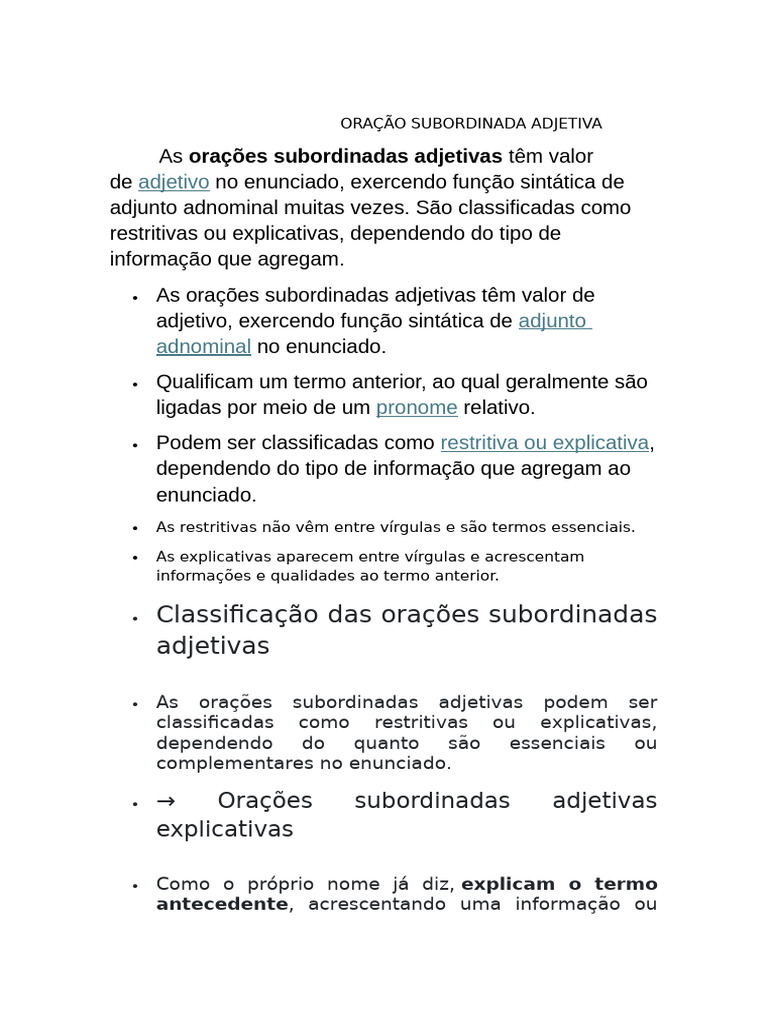 Oração Subordinada Adjetiva: Tipos e Funções | PDF