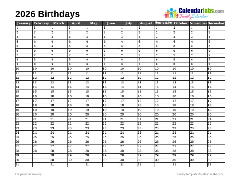 2026 Birthday Calendar PDF 1