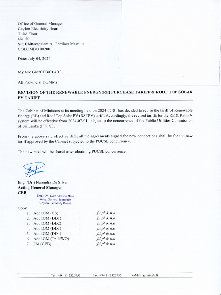Revision of The Renewable Energy Purchase Tariff & Roof Top Solar PV ...