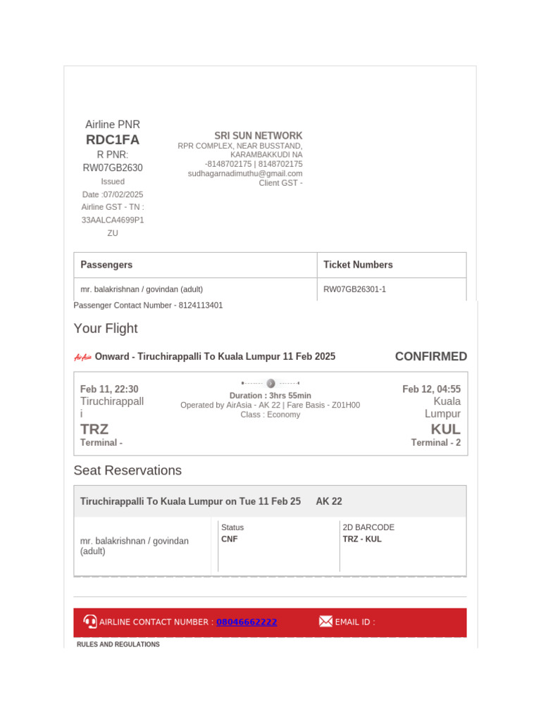 Airline PNR Confirmation: TRZ to KUL | PDF