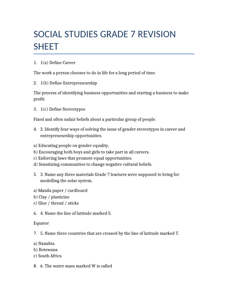 Grade 7 Social Studies Revision Guide | PDF