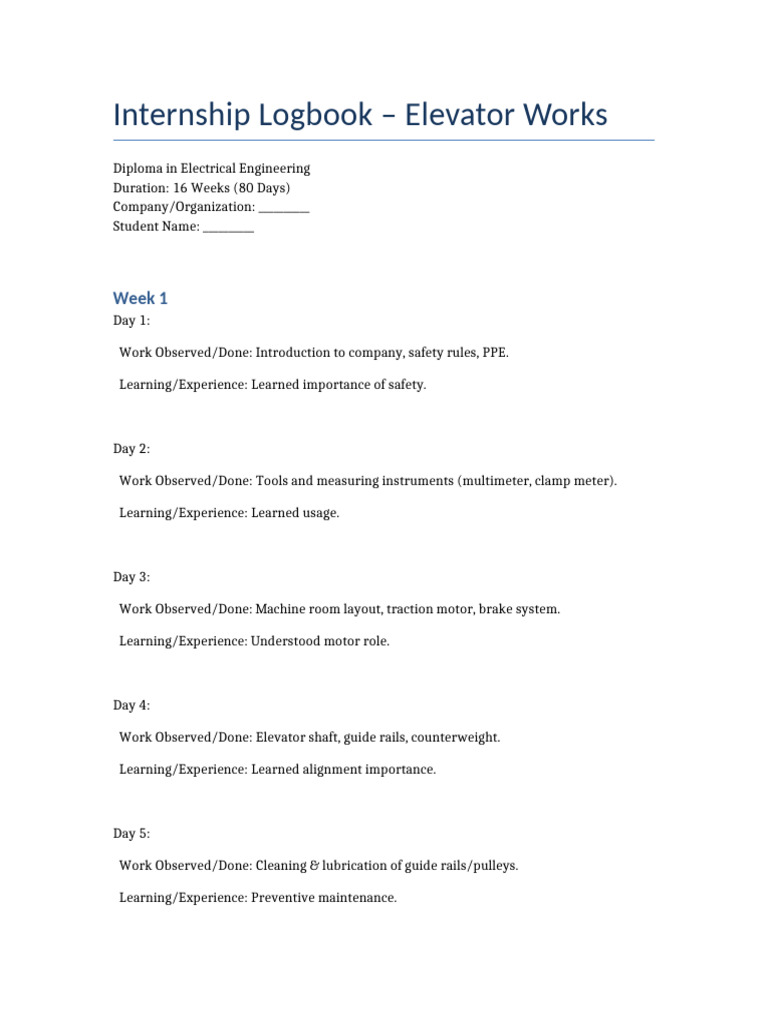 Elevator Internship Logbook Summary | PDF | Elevator | Mechanical ...
