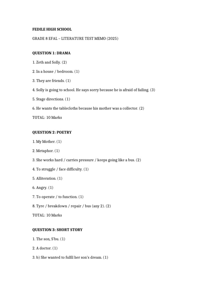 2025 Grade 8 EFAL Literature Test Memo | PDF