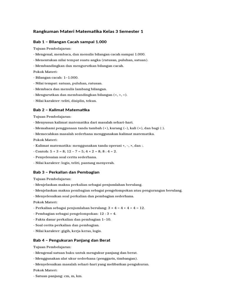 Rangkuman Matematika Kelas 3 Semester 1 | PDF