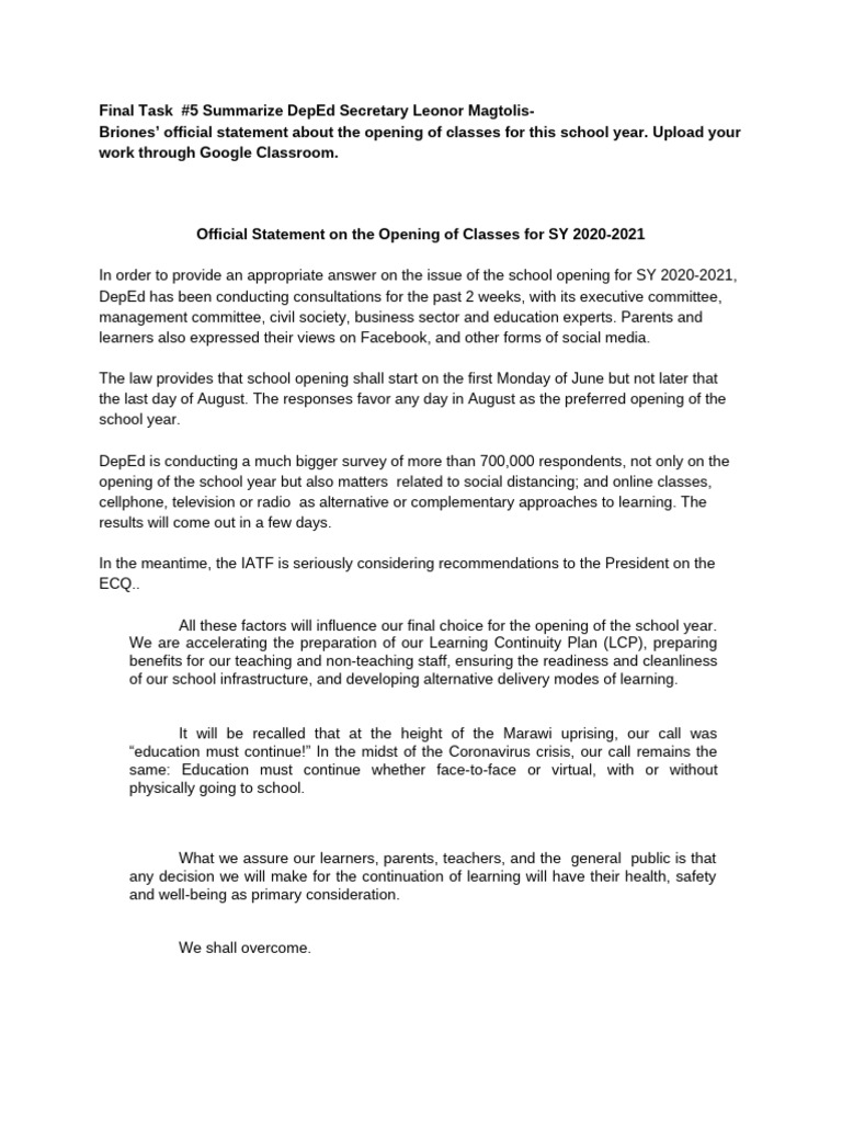 DepEd Statement on School Year 2020-2021 | PDF | Learning