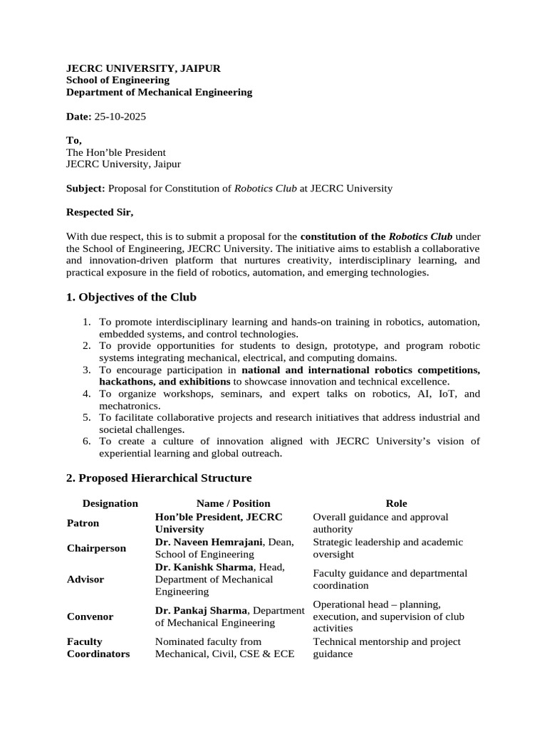 Proposal for Robotics Club at JECRC | PDF | Robotics | Engineering