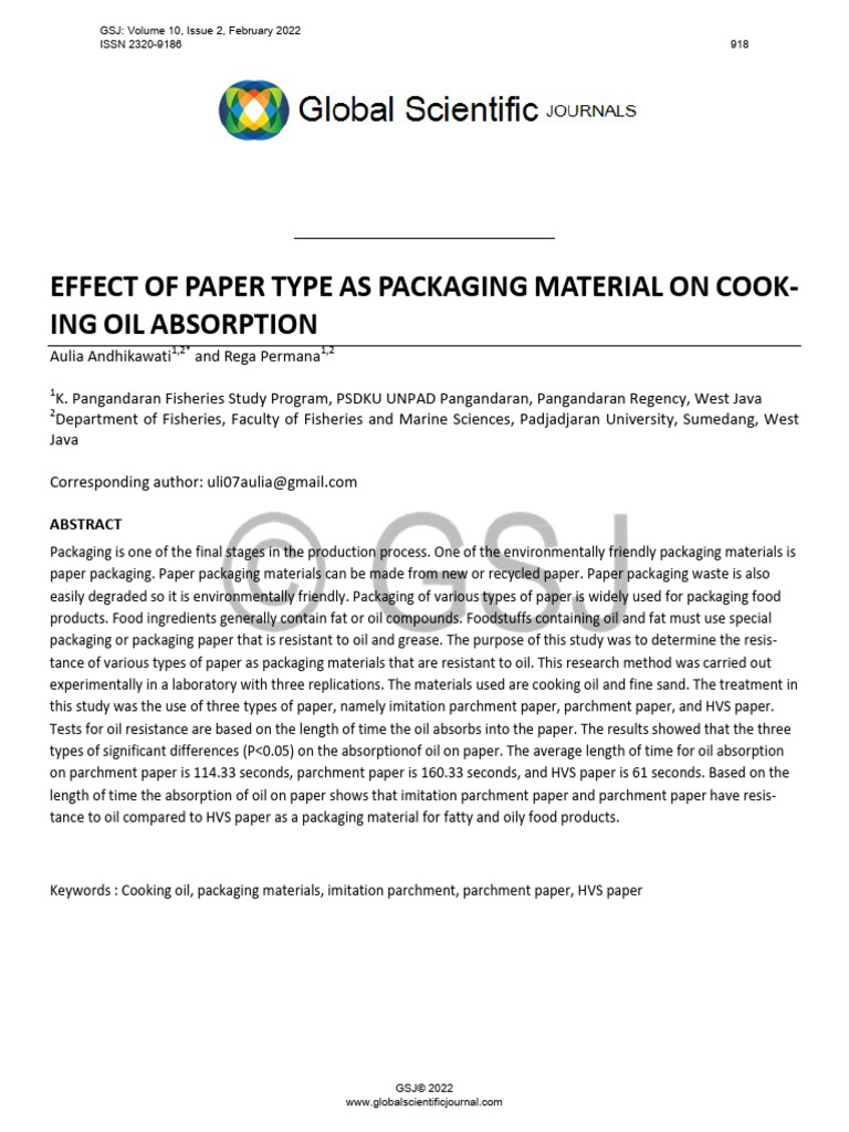 Paper Types Impact on Cooking Oil Absorption | PDF | Paper | Materials