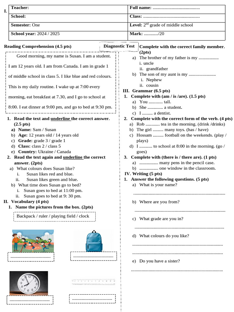 Diagnostic Test for 2nd Grade Students | PDF