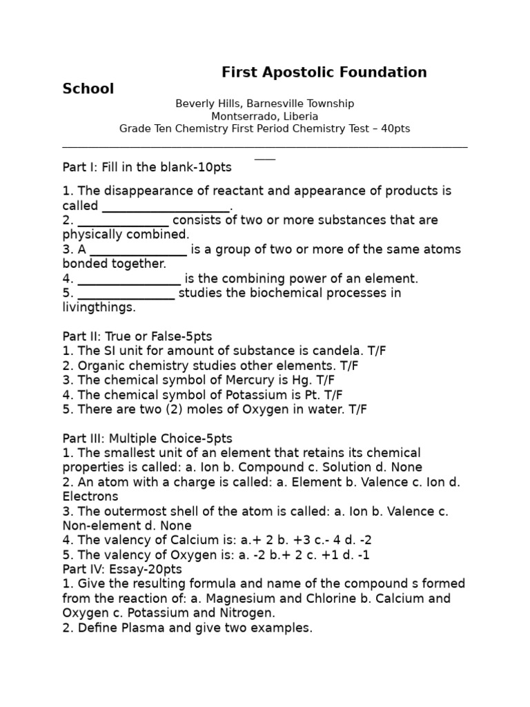 Grade 10 Chemistry Test Questions | PDF | Chemical Substances | Chemistry