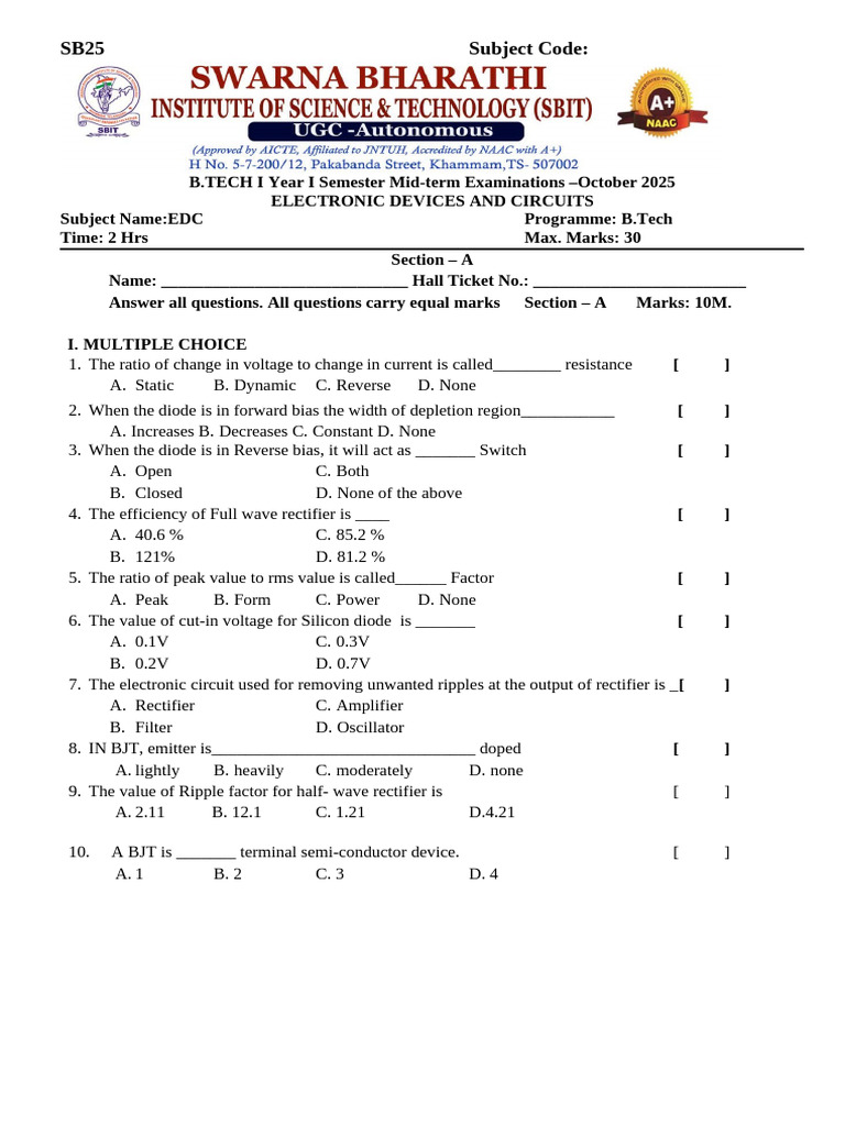 EDC Mid-term Exam Paper 2025 | PDF | Bipolar Junction Transistor ...