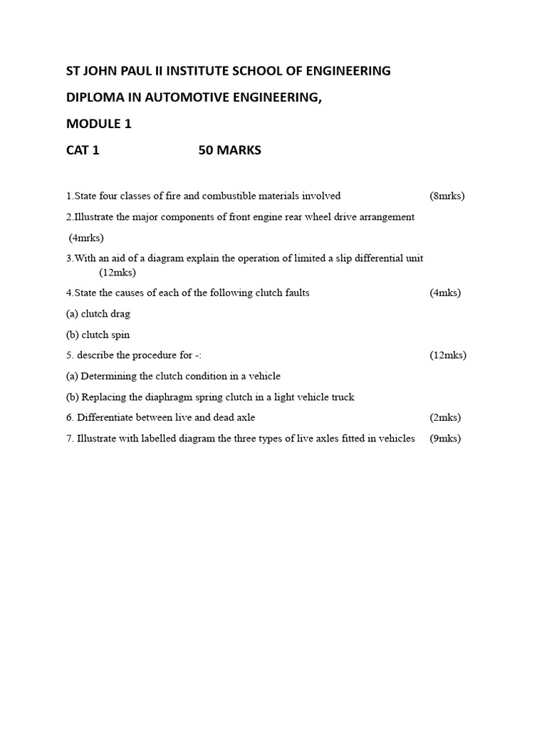 Automotive Engineering Diploma Module 1 | PDF