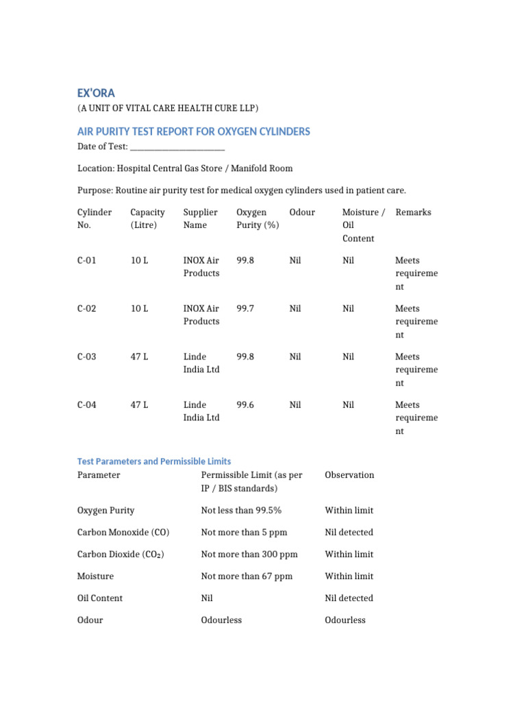 Oxygen Purity Test Report for Cylinders | PDF | Materials | Chemical ...