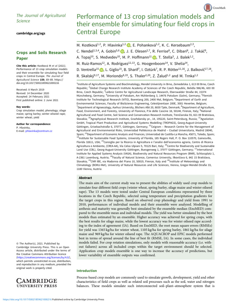 Performance of 13 Crop Simulation Models and Their Ensemble For ...
