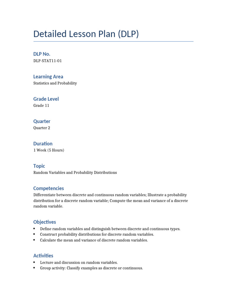 Grade 11 Statistics: Random Variables Guide | PDF
