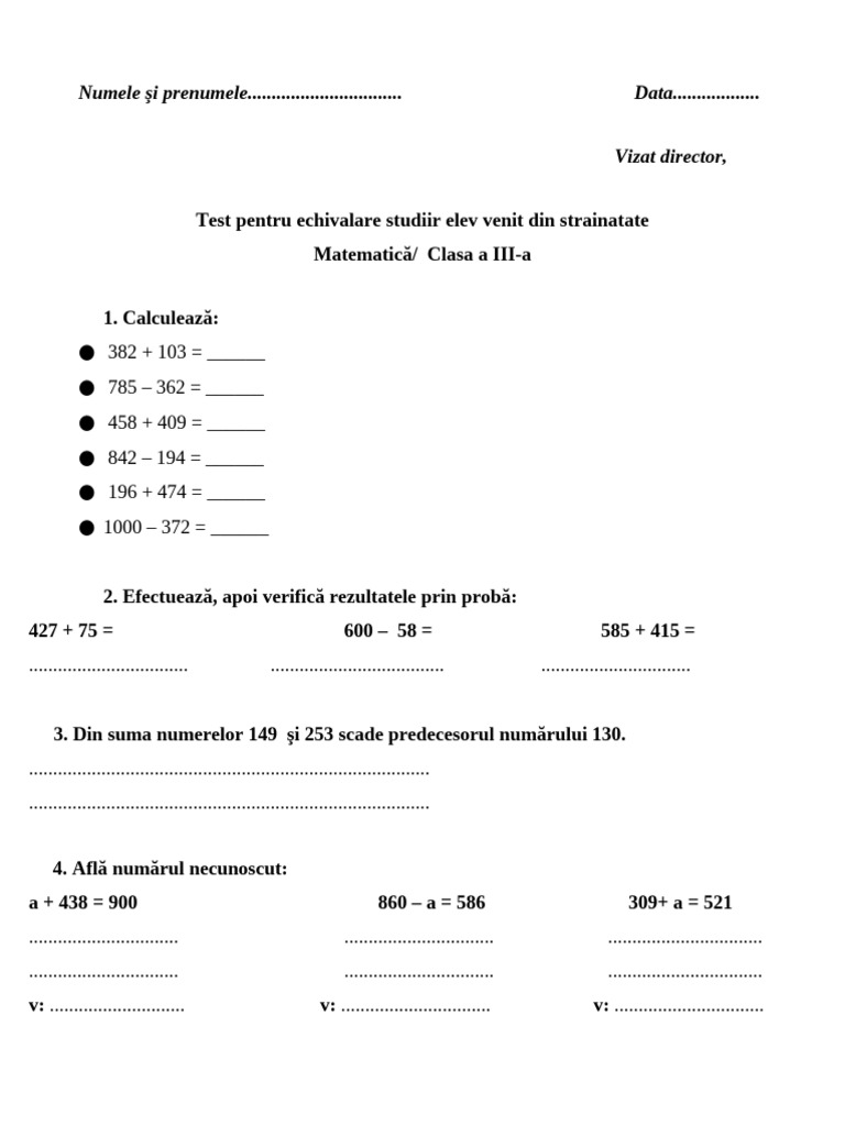 Test Evaluare Mem Elev Venit Din Strainatate Cl. A Iia | PDF