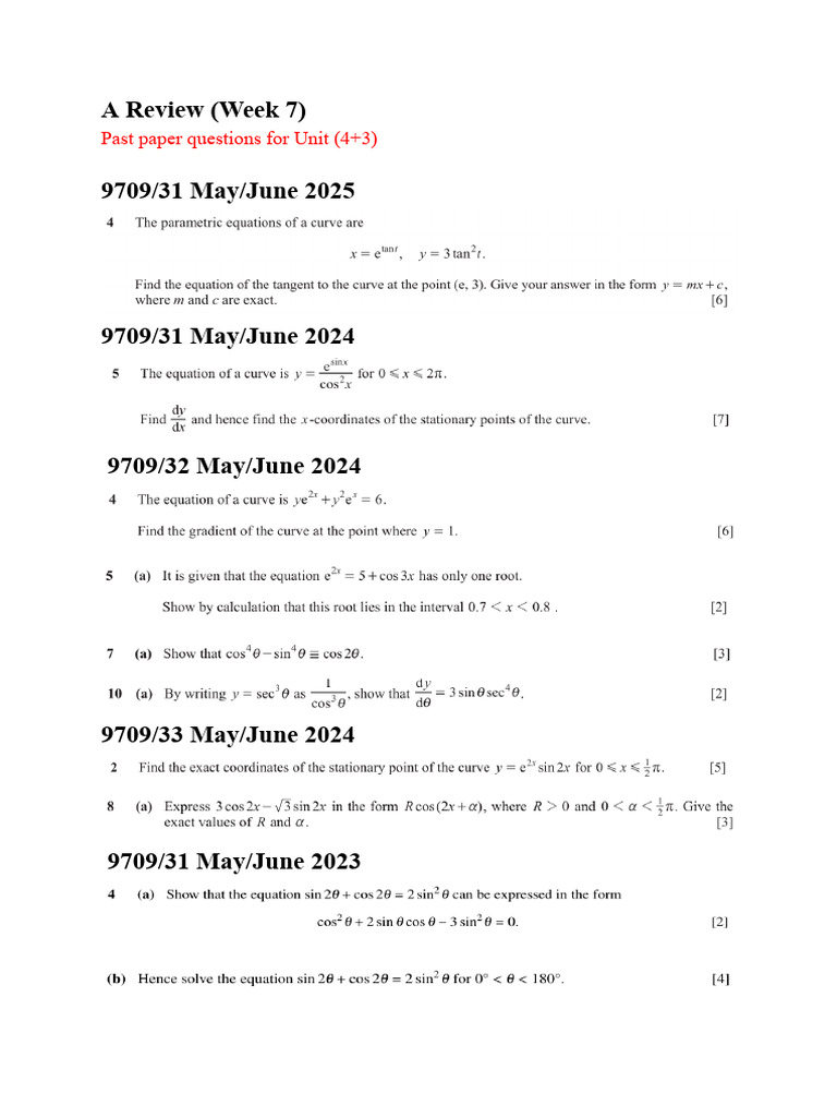 Unit 9709 Past Paper Review Week 7 | PDF