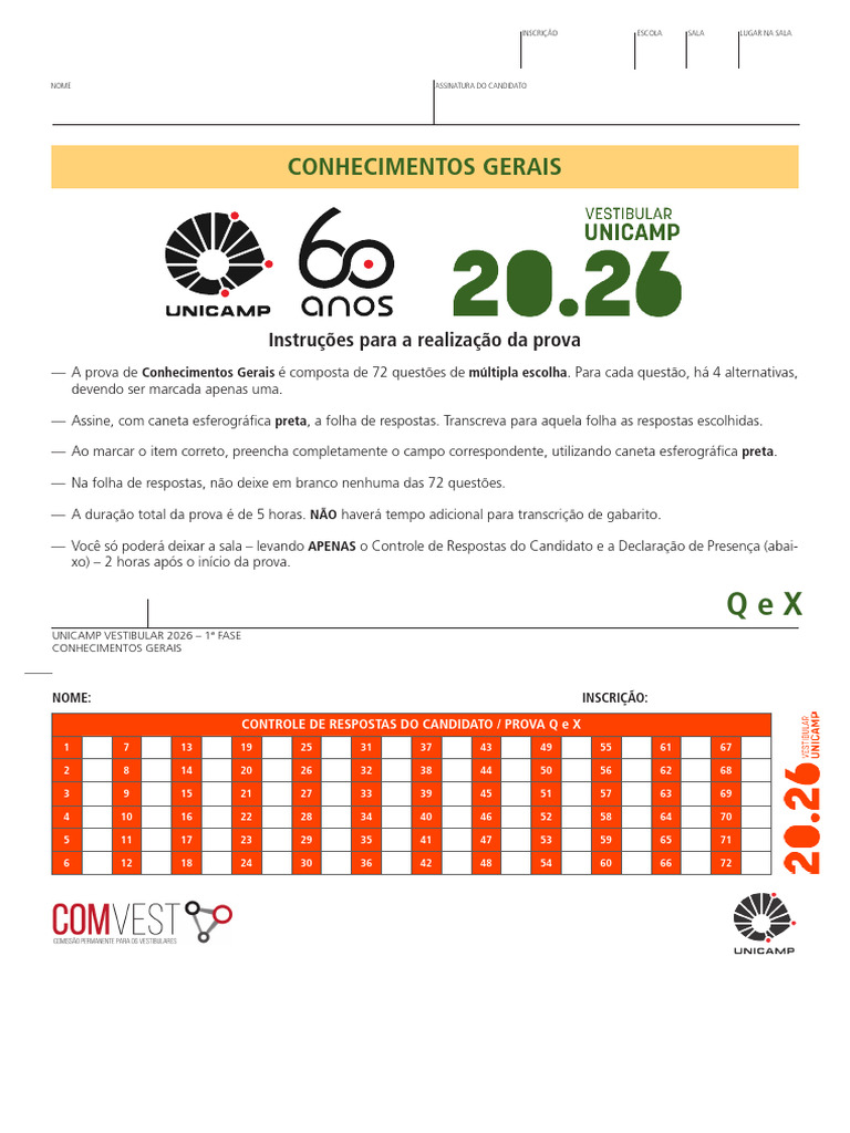 Prova de Conhecimentos Gerais Unicamp 2026 | PDF | Calor ...