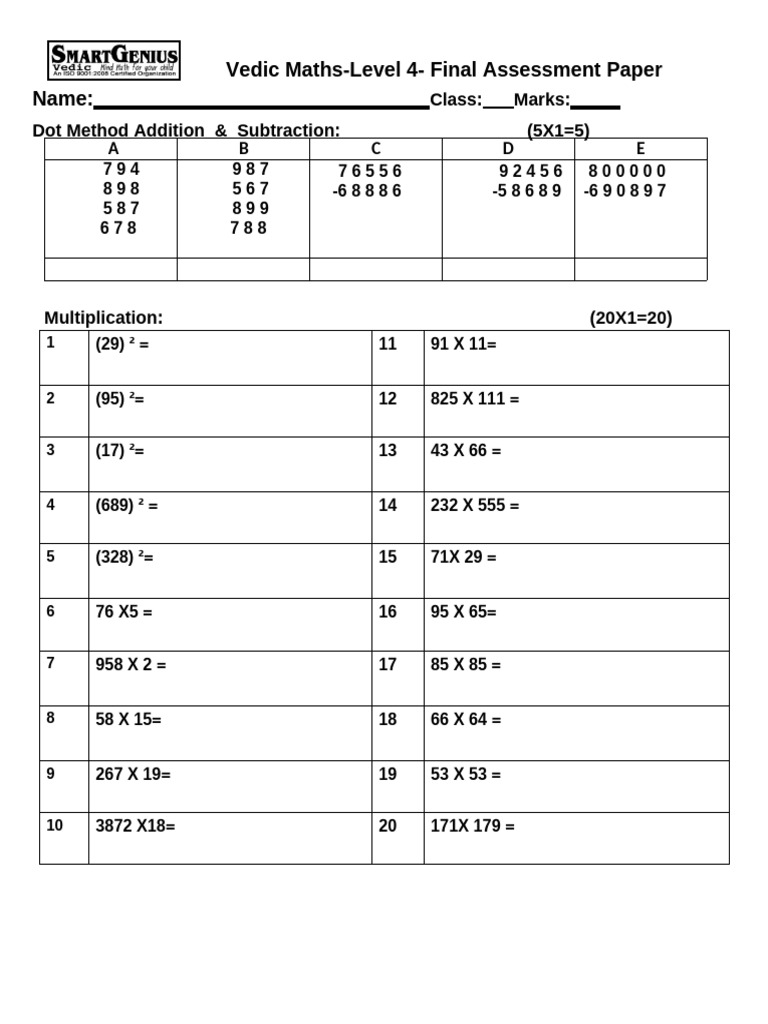 Vedic Maths Level 4 Assessment Paper | PDF | Mathematics | Arithmetic