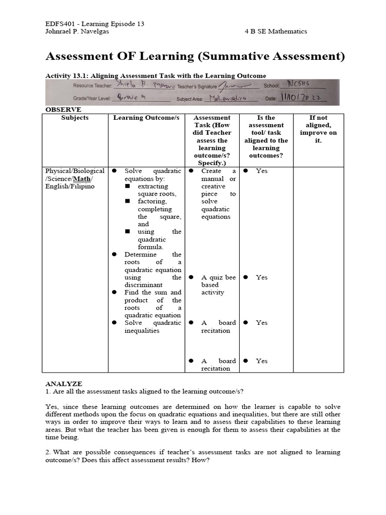 Aligning Assessments with Learning Outcomes | PDF | Quadratic Equation ...