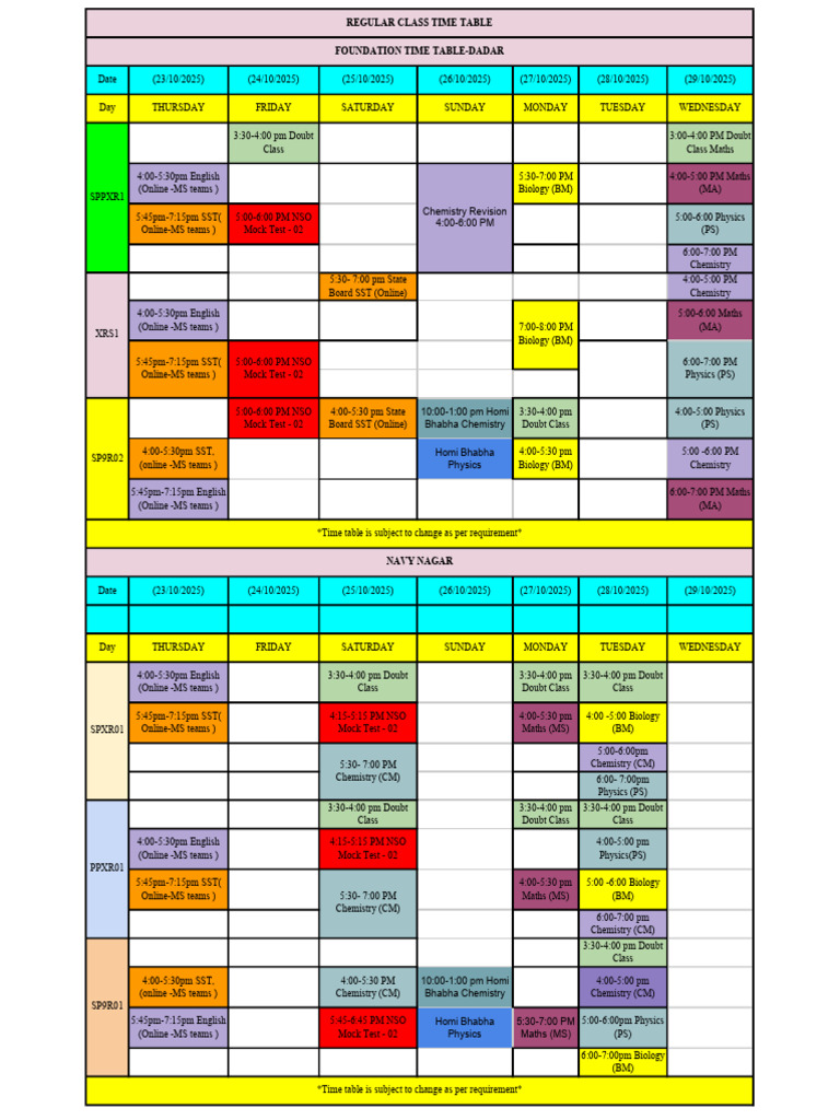 Weekly Class Schedule and Timetable | PDF