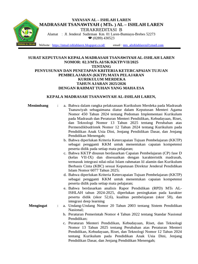 KKTP Kurikulum Merdeka MTs Al-Ishlah | PDF