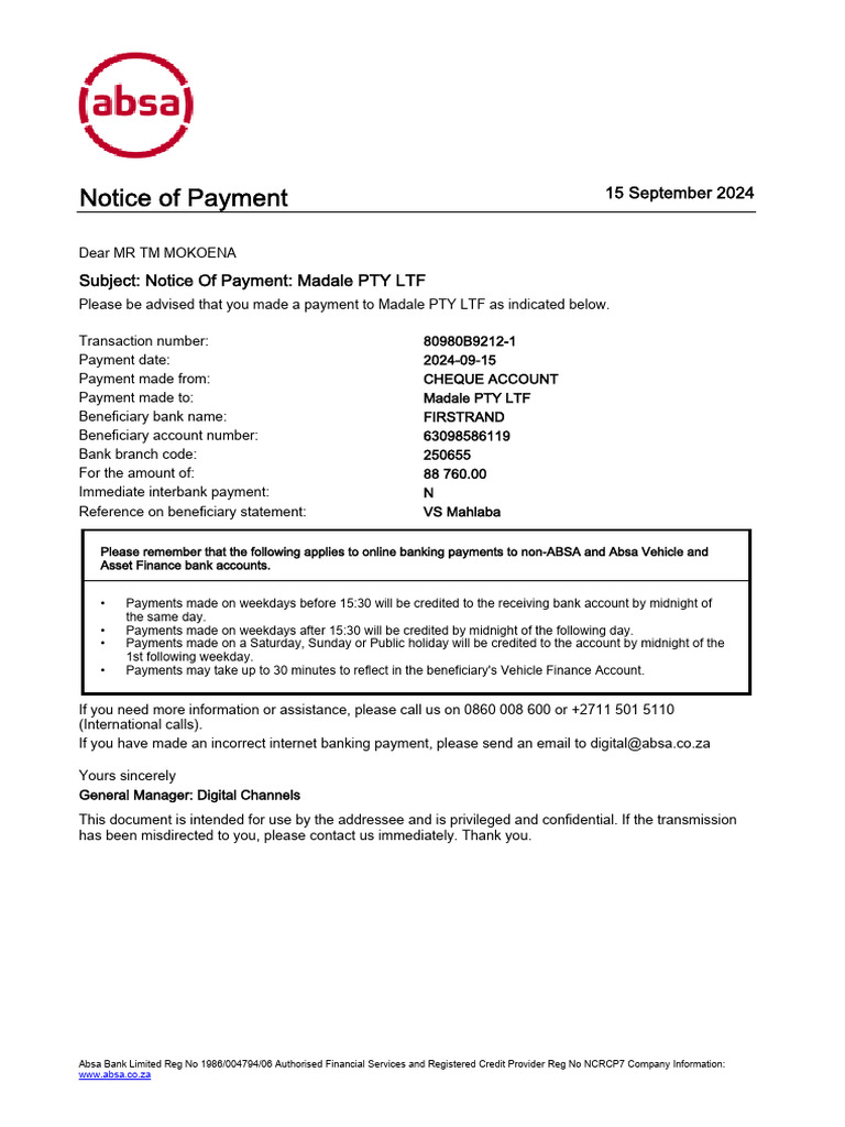 Notice of Payment Single | PDF