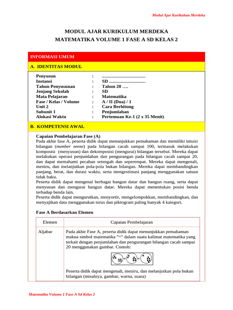 Modul Ajar Matematika Kelas 2 SD Fase A | PDF