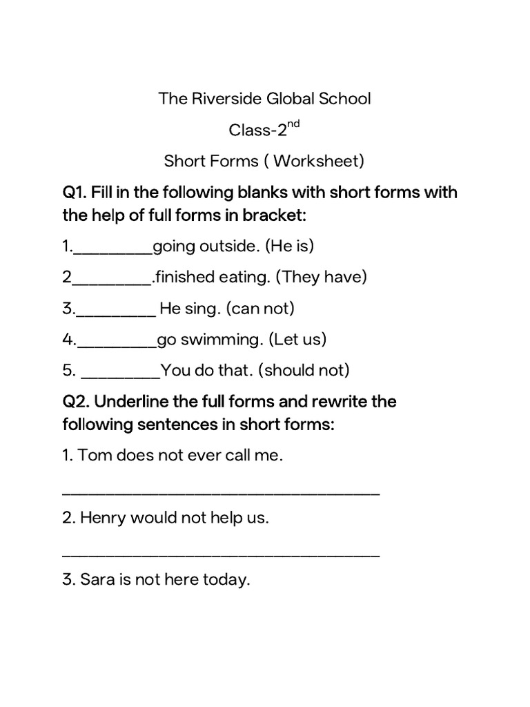 Class 2 Short Forms Worksheet | PDF