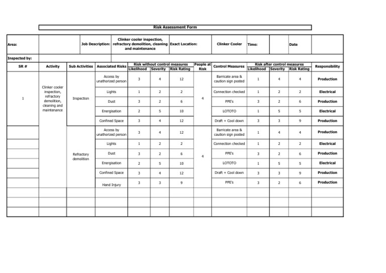 Clinker Cooler Risk Assessment Form | PDF | Safety | Occupational ...