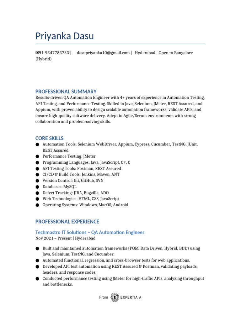 QA Automation Engineer Resume Summary | PDF