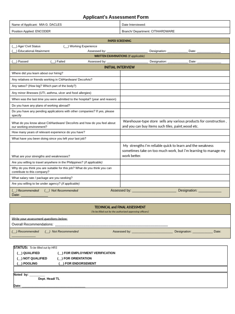 Applicant Assessment Form for Encoder Position | PDF