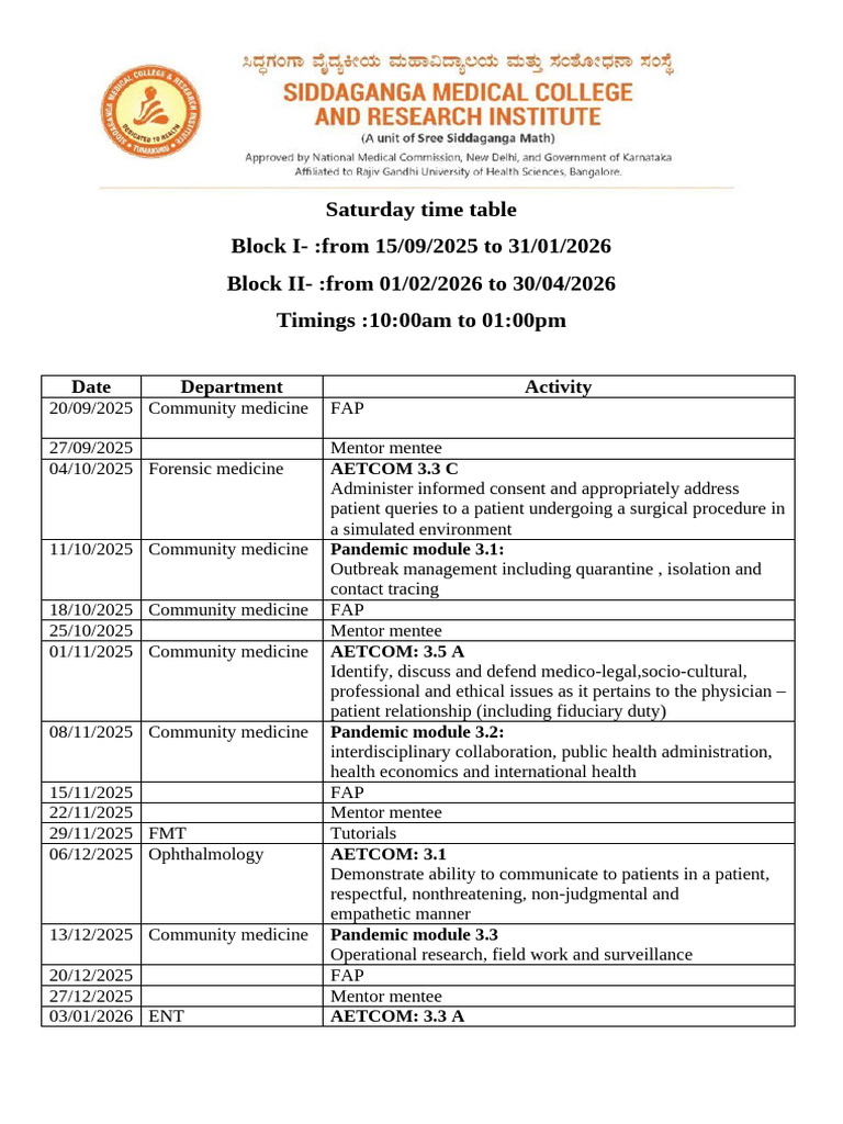 Saturday AETCoM, Pandemic Module Time Table 2024-25 Batch | PDF ...
