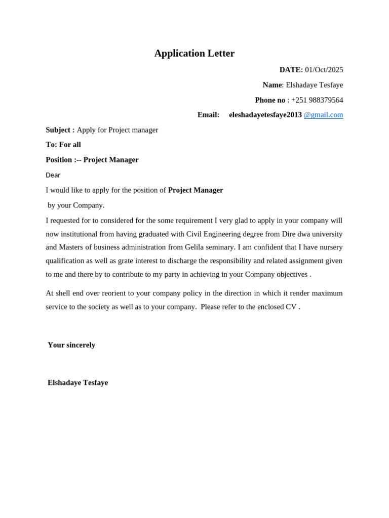 Application for Project Manager Position | PDF